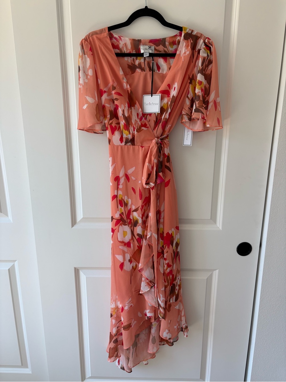 Floral Coral Wrap Maxi Dress with Tie Waist